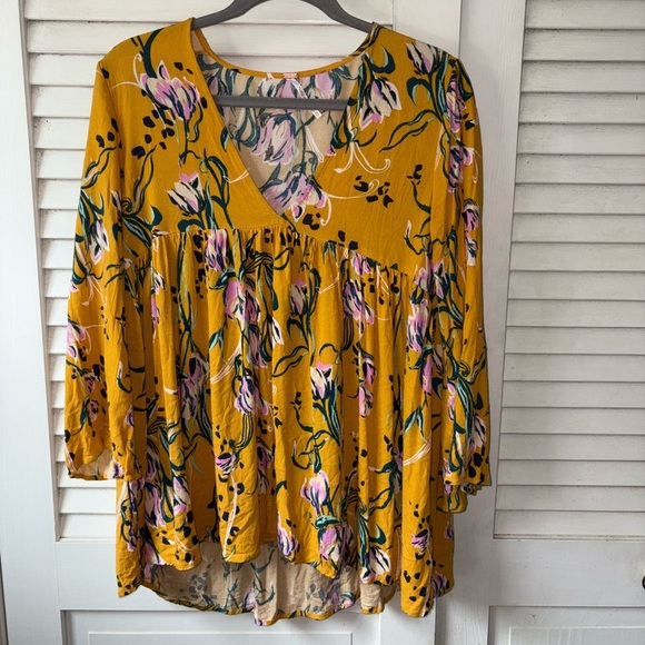 Free People Bella Floral Babydoll Top Mustard Multicolor XS Boho Blouse Tunic - Picture 3 of 6